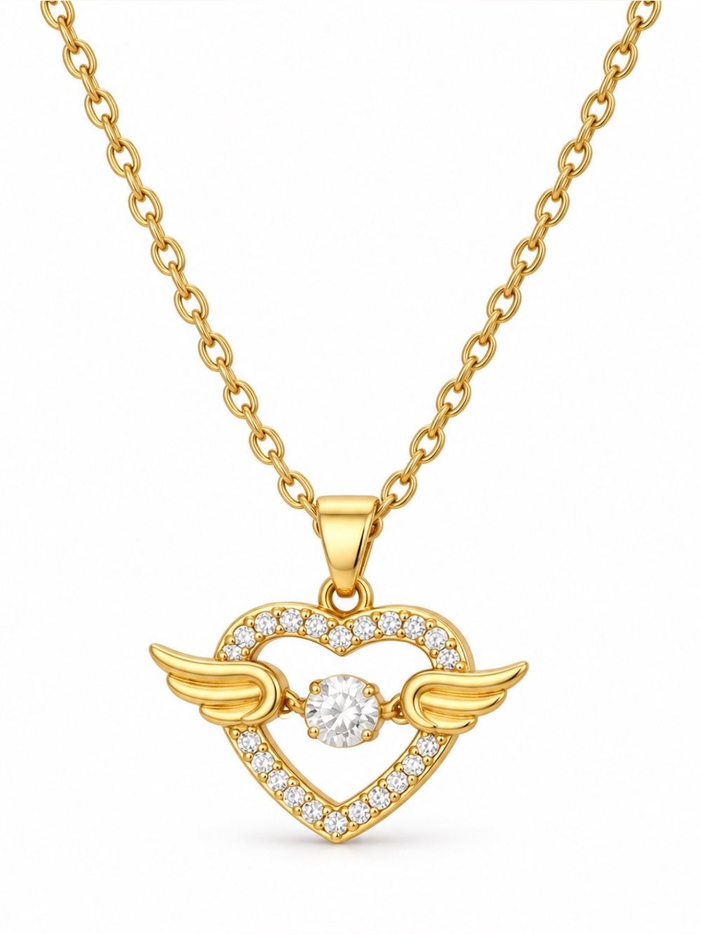Gold Tone Winged Heart Pendant Necklace with Clear Stones (N37)
